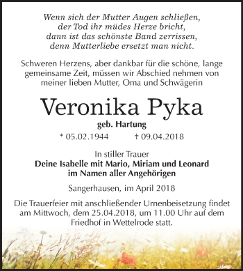 Traueranzeige von Veronika Pyka von Mitteldeutsche Zeitung Sangerhausen