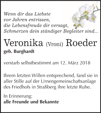 Traueranzeige von Veronika Vroni Roeder von WVG - Wochenspiegel Quedlinburg