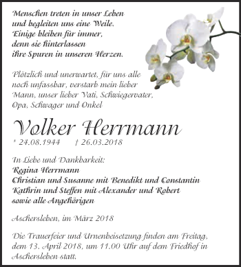 Traueranzeige von Volker Herrmann von Super Sonntag Aschersleben
