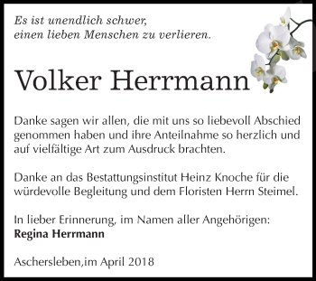 Traueranzeige von Volker Herrmann von Mitteldeutsche Zeitung Aschersleben