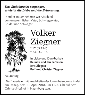Traueranzeige von Volker Ziegner von WVG - Wochenspiegel NMB / WSF / ZTZ