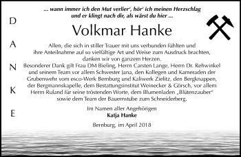 Traueranzeige von Volkmar Hanke von Mitteldeutsche Zeitung Bernburg