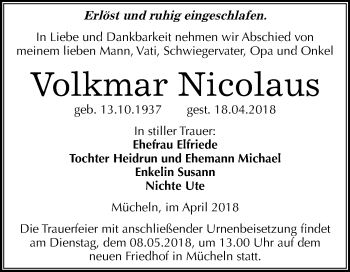 Traueranzeige von Volkmar Nicolaus von Mitteldeutsche Zeitung Merseburg/Querfurt
