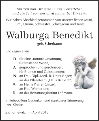 Traueranzeige von Walburga Benedikt von WVG - Wochenspiegel Wittenberg