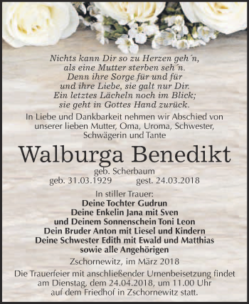 Traueranzeige von Walburga Benedikt von WVG - Wochenspiegel Wittenberg