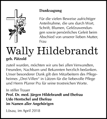 Traueranzeige von Wally Hildebrandt von Mitteldeutsche Zeitung Weißenfels