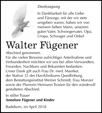 Traueranzeige von Walter Fügener von WVG - Wochenspiegel Quedlinburg