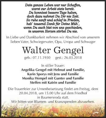 Traueranzeige von Walter Gengel von WVG - Wochenspiegel NMB / WSF / ZTZ