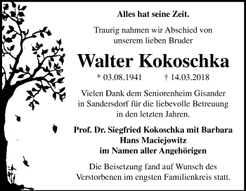 Traueranzeige von Walter Kokoschka von Mitteldeutsche Zeitung Bitterfeld