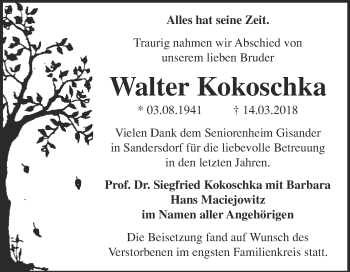 Traueranzeige von Walter Kokoschka von WVG - Wochenspiegel Bitterfeld