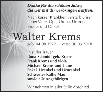Traueranzeige von Walter Krems von WVG - Wochenspiegel NMB / WSF / ZTZ