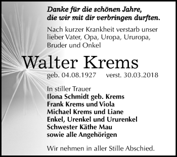 Traueranzeige von Walter Krems von Mitteldeutsche Zeitung Weißenfels