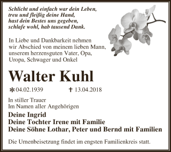 Traueranzeige von Walter Kuhl von WVG - Wochenspiegel Dessau / Köthen