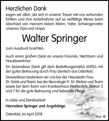 Traueranzeige von Walter Springer von Mitteldeutsche Zeitung Zeitz