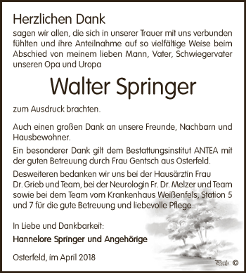 Traueranzeige von Walter Springer von Super Sonntag Zeitz