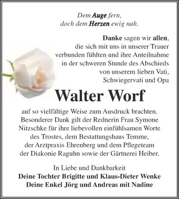 Traueranzeige von Walter Worf von WVG - Wochenspiegel Bitterfeld