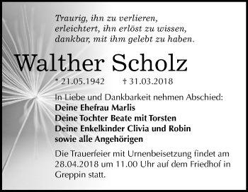 Traueranzeige von Walther Scholz von Mitteldeutsche Zeitung Bitterfeld
