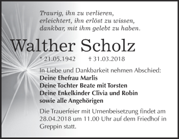 Traueranzeige von Walther Scholz von WVG - Wochenspiegel Bitterfeld