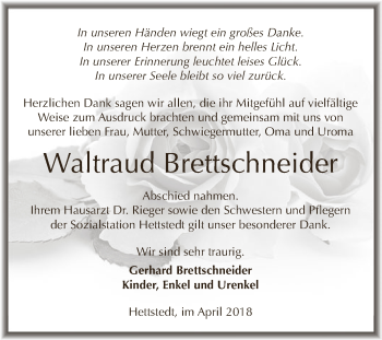 Traueranzeige von Waltraud Brettschneider von Wochenspiegel Mansfelder Land
