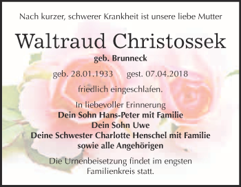 Traueranzeige von Waltraud Christossek von Super Sonntag Wittenberg