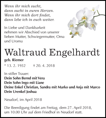 Traueranzeige von Waltraud Engelhardt von Mitteldeutsche Zeitung Quedlinburg