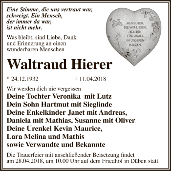 Traueranzeige von Waltraud Hierer von WVG - Wochenspiegel Dessau / Köthen
