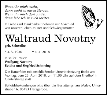 Traueranzeige von Waltraud Novotny von WVG - Wochenspiegel Quedlinburg