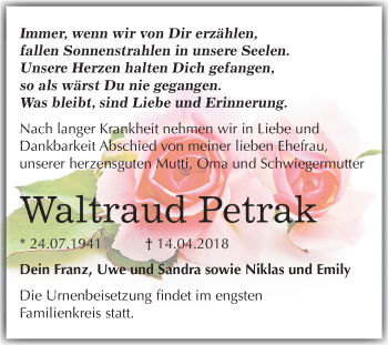 Traueranzeige von Waltraud Petrak von Mitteldeutsche Zeitung Merseburg/Querfurt