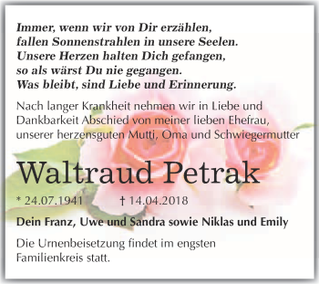 Traueranzeige von Waltraud Petrak von Super Sonntag Merseburg