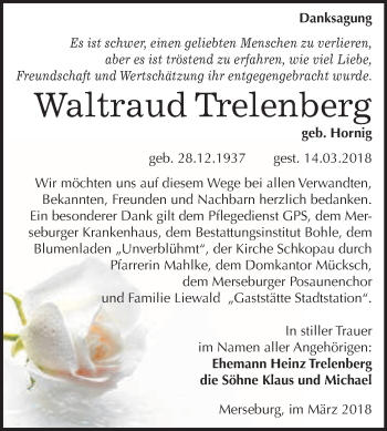 Traueranzeige von Waltraud Trelenberg von WVG - Wochenspiegel Merseburg