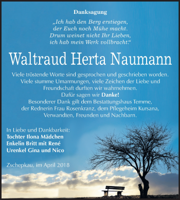 Traueranzeige von Waltraud Herta Naumann von Mitteldeutsche Zeitung Bitterfeld