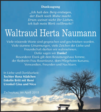 Traueranzeige von Waltraud Herta Naumann von WVG - Wochenspiegel Bitterfeld