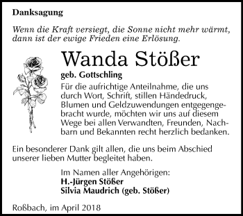 Traueranzeige von Wanda Stößer von Mitteldeutsche Zeitung Merseburg/Querfurt
