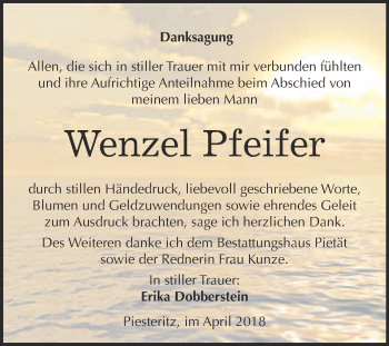 Traueranzeige von Wenzel Pfeifer von Super Sonntag Wittenberg