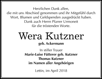 Traueranzeige von Wera Kutzner von Mitteldeutsche Zeitung Halle/Saalkreis