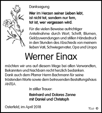 Traueranzeige von Werner Einax von Mitteldeutsche Zeitung Zeitz