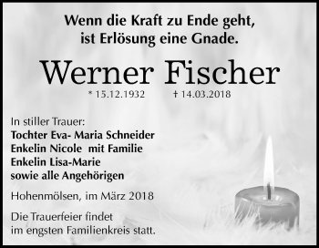 Traueranzeige von Werner Fischer von Mitteldeutsche Zeitung Weißenfels
