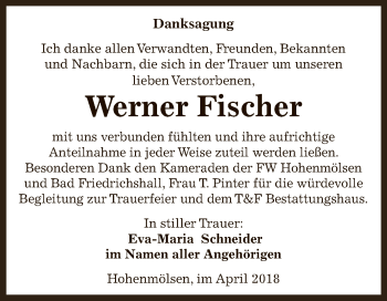 Traueranzeige von Werner Fischer von WVG - Wochenspiegel NMB / WSF / ZTZ