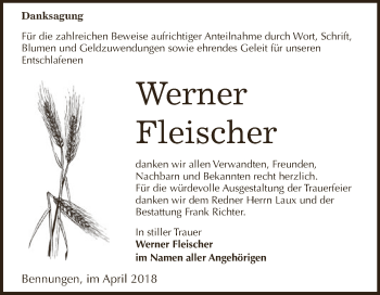 Traueranzeige von Werner Fleischer von Super Sonntag SGH Mansf. Land