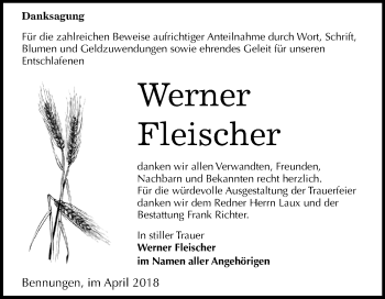 Traueranzeige von Werner Fleischer von Mitteldeutsche Zeitung Sangerhausen