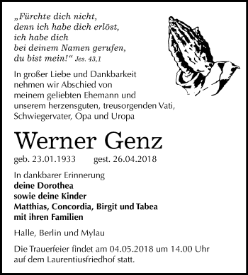 Traueranzeige von Werner Genz von Mitteldeutsche Zeitung Halle/Saalkreis