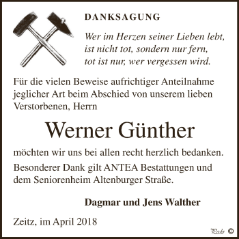 Traueranzeige von Werner Günther von Super Sonntag Zeitz