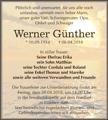 Traueranzeige von Werner Günther von Wochenspiegel Mansfelder Land