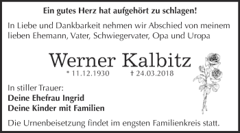 Traueranzeige von Werner Kalbitz von WVG - Wochenspiegel Dessau / Köthen