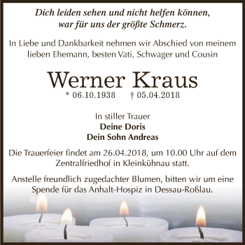 Traueranzeige von Werner Kraus von WVG - Wochenspiegel Dessau / Köthen