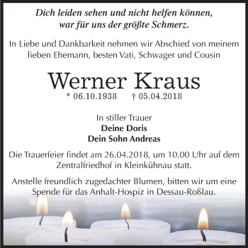 Traueranzeige von Werner Kraus von Mitteldeutsche Zeitung Dessau-Roßlau