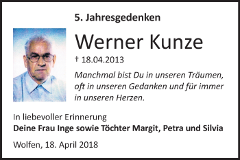 Traueranzeige von Werner Kunze von Mitteldeutsche Zeitung Bitterfeld