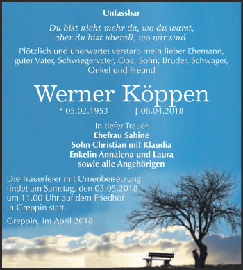 Traueranzeige von Werner Köppen von WVG - Wochenspiegel Bitterfeld
