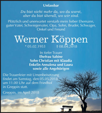 Traueranzeige von Werner Köppen von Mitteldeutsche Zeitung Bitterfeld