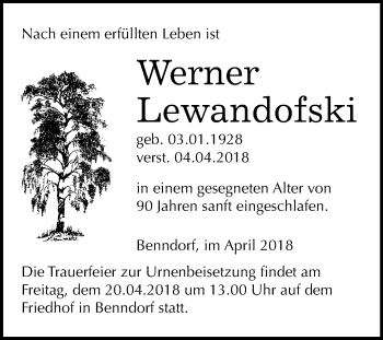 Traueranzeige von Werner Lewandofski von Mitteldeutsche Zeitung